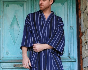 Mens Cotton Robe, Cotton Bathrobe Mens, Dressing Gown Striped, Big Tall Mens Robe, Navy Blue Kimono Robe, Size S, M, L, XL, 2X, 3X