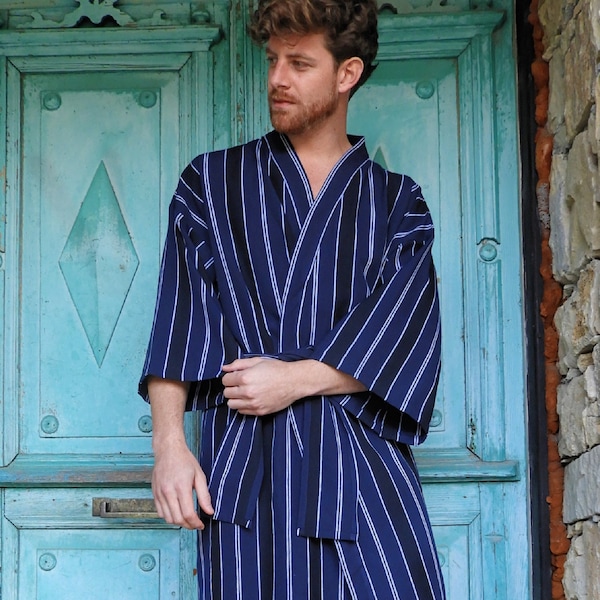 Mens Cotton Robe, Cotton Bathrobe Mens, Dressing Gown Striped, Big Tall Mens Robe, Navy Blue Kimono Robe, Size S, M, L, XL, 2X, 3X