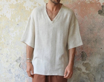 Hemp Shirt For Men, Hemp Top For Men, V-Neck Loose Shirt, Natural Hemp Short Sleeve Top, Big And Tall Mens Clothes, Oversize Shirt Men