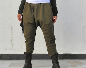 Military Green Harem Pants: Women's Drop Crotch Cotton Trousers