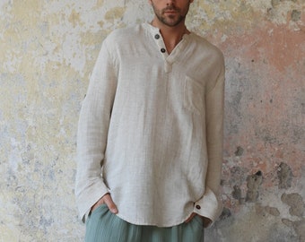 Hemp Shirts For Men, Roll-Up Sleeve Shirt, Mens Hemp Clothing, 100% Natural Hemp Top, Collarless Shirt, Big And Tall Mens Outfit