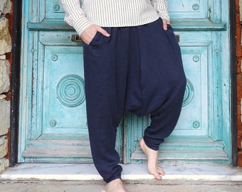 Mens Black Cotton Harem Pants: Drop Crotch Yoga Trousers