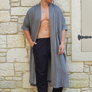 Mens Organic Cotton Gauze Kimono Robe: Anthracite Boho Festival Jacket