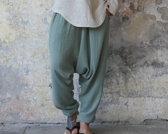 Gauze Cotton Pants In Sage, Double Gauze Harem Pants, Big And Tall Mens Pants, Cotton Summer Trousers, Haremshose Herren Aus Musselin