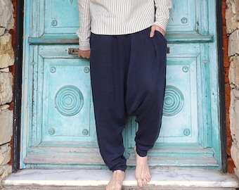 Black Cotton Gauze Harem Pants: Big and Tall Drop Crotch Yoga Pants