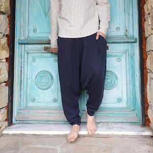 Black Cotton Gauze Harem Pants: Big and Tall Drop Crotch Yoga Pants