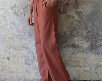 Pantalon Terra Cotta en lin mélangé : Pantalon ample avec cordon de serrage pour hommes
