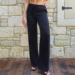 Black Vegan Silk Pants: Organic Cupro Trousers with Drawstring
