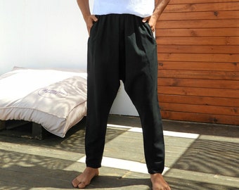 Black Linen Harem Pants Men: Drop Crotch, Sustainable Tall Pants