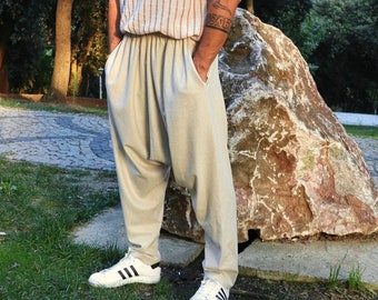 Beige Linen Cotton Harem Pants: Plus Size Drop Crotch Sarouel