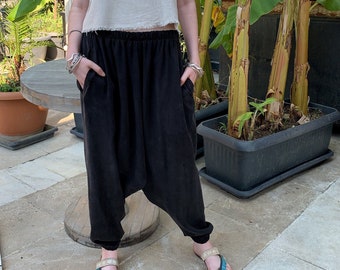 Svarta harembyxor i bomullsblandning: Låg gren, resår i midjan