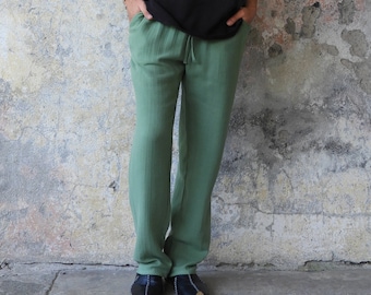 Organic Gauze Mens Pants: Green Muslin Drawstring Trousers