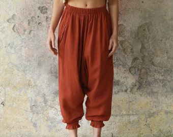 Womens Petite Gauze Pants, Crop Cotton Pants, Plus Size Harem Pants, Organic Muslin Trousers, Cropped Baggy Pants, Haremshose Damen