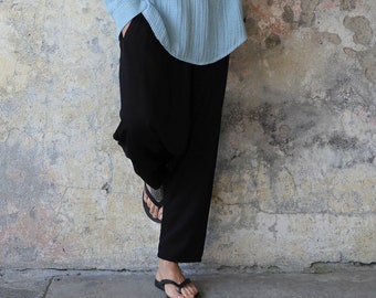 Cropped Harem Pants: Mens Drawstring Viscose Blend Trousers