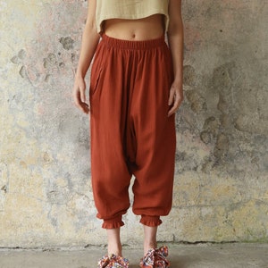 Womens Petite Gauze Pants, Crop Cotton Pants, Plus Size Harem Pants, Organic Muslin Trousers, Cropped Baggy Pants, Haremshose Damen