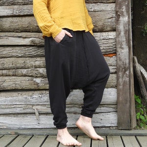Harem Pants, Big And Tall Pants Black, Hippie Pants, Drop Crotch Pants, Double Gauze Cotton Trousers, Haremshose Herren, Aladdin Pants