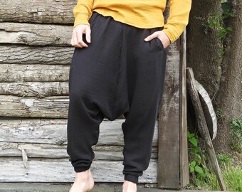 Black Harem Pants Men: Organic Double Gauze Cotton Drop Crotch Trousers