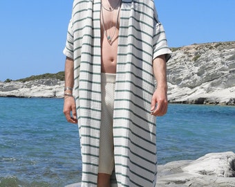 Vändbar kimono i ekologisk bomull: Randig herrkaftan, bohemisk festivaljacka