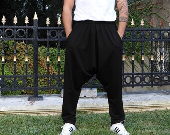 Mens Black Drop Crotch Harem Pants: Big & Tall Cotton Blend