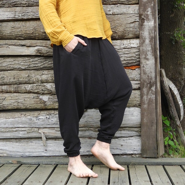 Harem Pants Cotton, Gauze Cotton Clothing, Plus Size Pants Black, Baggy Trousers, Haremshose Herren, Harem Byxor