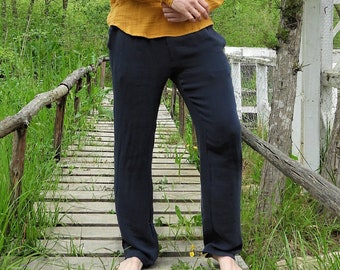 Black Cotton Yoga Pants: Double Gauze Casual Trousers