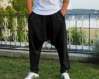 Black Cotton Blend Harem Pants: Big & Tall Drop Crotch Baggy Pants