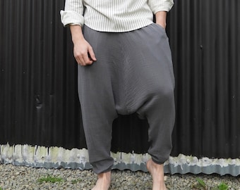 Sarouel léger : pantalon grande et grande taille avec entrejambe bas, gaze de coton unisexe