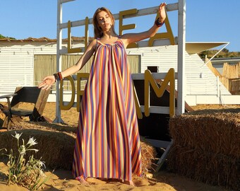 Pride Outfit, Rainbow Summer Dress, LGBT Wedding Guest Dress, Smock Dress Striped, Plus Size Sleeveless Maxi Dress, Oversized Sundress