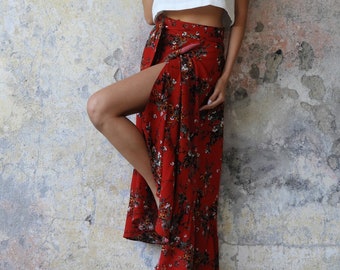 Festival Wrap Skirt Red, Wrap Skirt Cotton, Plus Size Floral Skirt, Maxi Wrap Skirt Woman