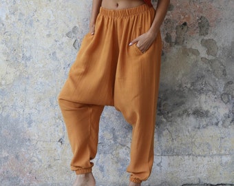 Organic Double Gauze Harem Pants: Sustainable Drop Crotch Trousers