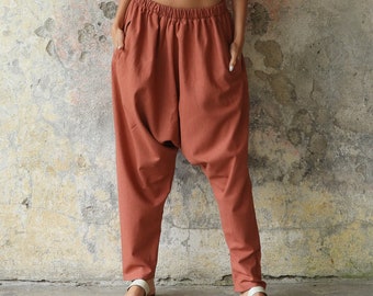 Terra Cotta Harem Pants: Linen Cotton Blend, High Waist Drop Crotch