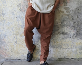 Linen Cotton Harem Pants Men: Brown Drop Crotch, Plus Size