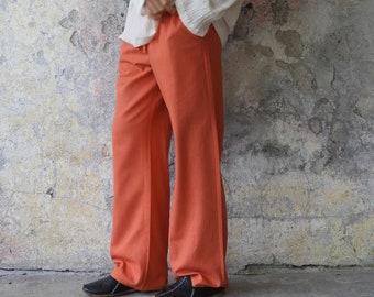 Pantalon en lin large pour homme, pantalon en coton orange brûlé, pantalon en lin avec cordon de serrage, pantalon en lin avec poches