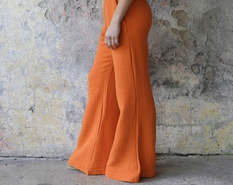 Palazzo Pants Orange, Flare Pants Cotton, Bell Bottoms Gauze Cotton, Tall Pants Women, Plus Size Pants, Wide Leg Trousers