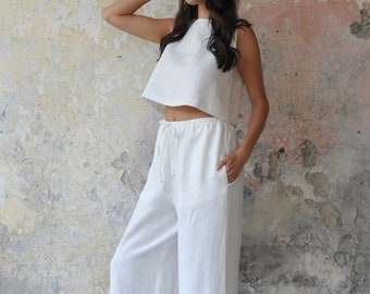 White Linen Palazzo Pants Set: Crop Top, Wide Leg Trousers