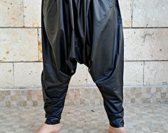 Black Vegan Leather Harem Pants: Festival Drop Crotch Sarouel