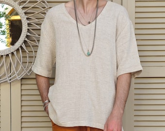 Chemise homme en chanvre à col en V : beige clair, coupe oversize