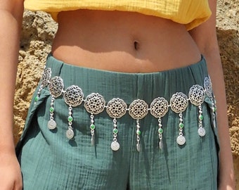 Handmade Tribal Coin Belt: Vintage Boho Belly Dance Belt Amazon.com: Womens Fashion Beaded Belt with ties | Metal  main image 3