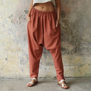 Terra Cotta Harem Pants: Linen Cotton Blend, High Waist Drop Crotch