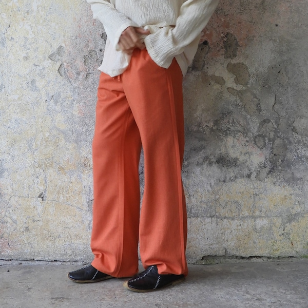 Mens Wide Linen Pants, Burnt Orange Cotton Pants, Drawstring Linen Pants, Linen Trousers With Pockets