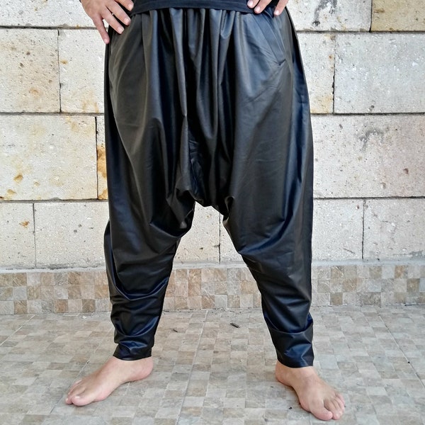 Leder Haremshose Schwarz, Burning Man Kleidung Herren, Festliche Kleidung, Hose mit tiefem Schritt, Sarouel Homme, Leder Haremshose