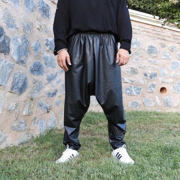 Leather Pants Men, Black Harem Pants, Drop Crotch Pants, Faux Leather Trousers, Futuristic Clothing