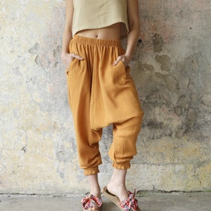 Doppel Gaze Bio-Baumwolle Hose, Petite Womens Crop Hose, Hose mit tiefem Schritt, Haremshose Damen, Haremshose