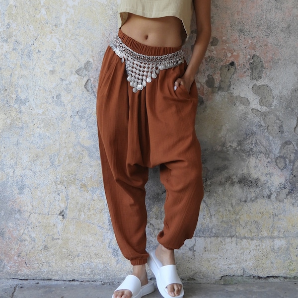 Gauze Cotton Pants Brown, Tall Womens Harem Pants, High Waist Gauze Pants, Plus Size Harem Trousers, Cotton Harem Pants, Haremshose Damen