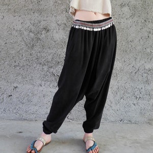 Black Cupro Harem Pants: Sustainable Drop Crotch Baggy Pants