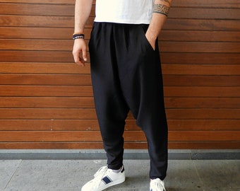 Black Harem Pants Men: Viscose Cotton Blend Baggy Trousers