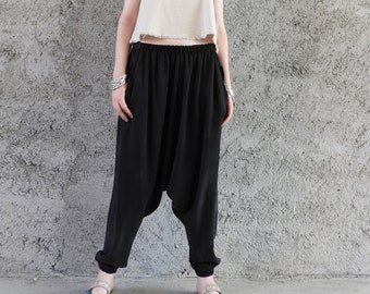 Black Vegan Silk Harem Pants: Plus Size Drop Crotch Trousers