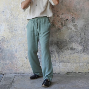 Organic Cotton Gauze Mens Summer Pants: Almond Green Beach Trousers