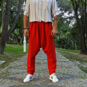 Haremshose Rot, Winter Haremshose, Baggyhose, Hose mit tiefem Schritt, große und große Herren Kleidung, Haremshose, Loose Fit Hose