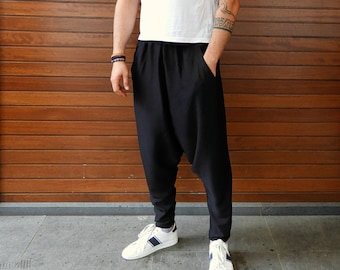 Black Drop Crotch Harem Pants: Mens Baggy Urban Trousers